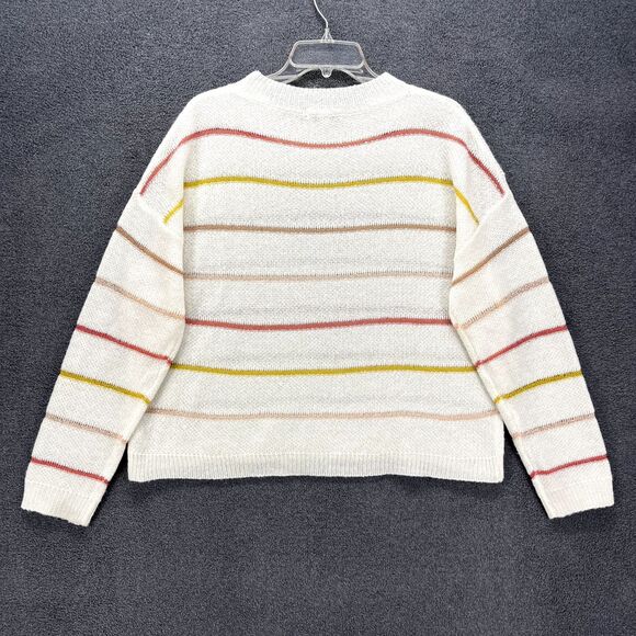 Fate Sweater Womens Large White Yellow Striped Knit Pullover soft crew neck - Picture 2 of 15